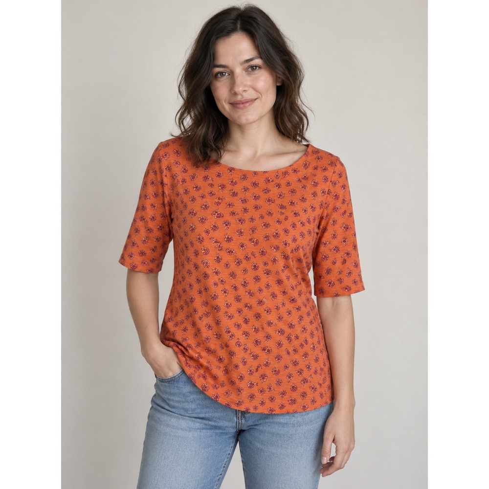 J.Jill Pima Slub Elbow Sleeve Tee Orange Floral Print Cotton Top Small